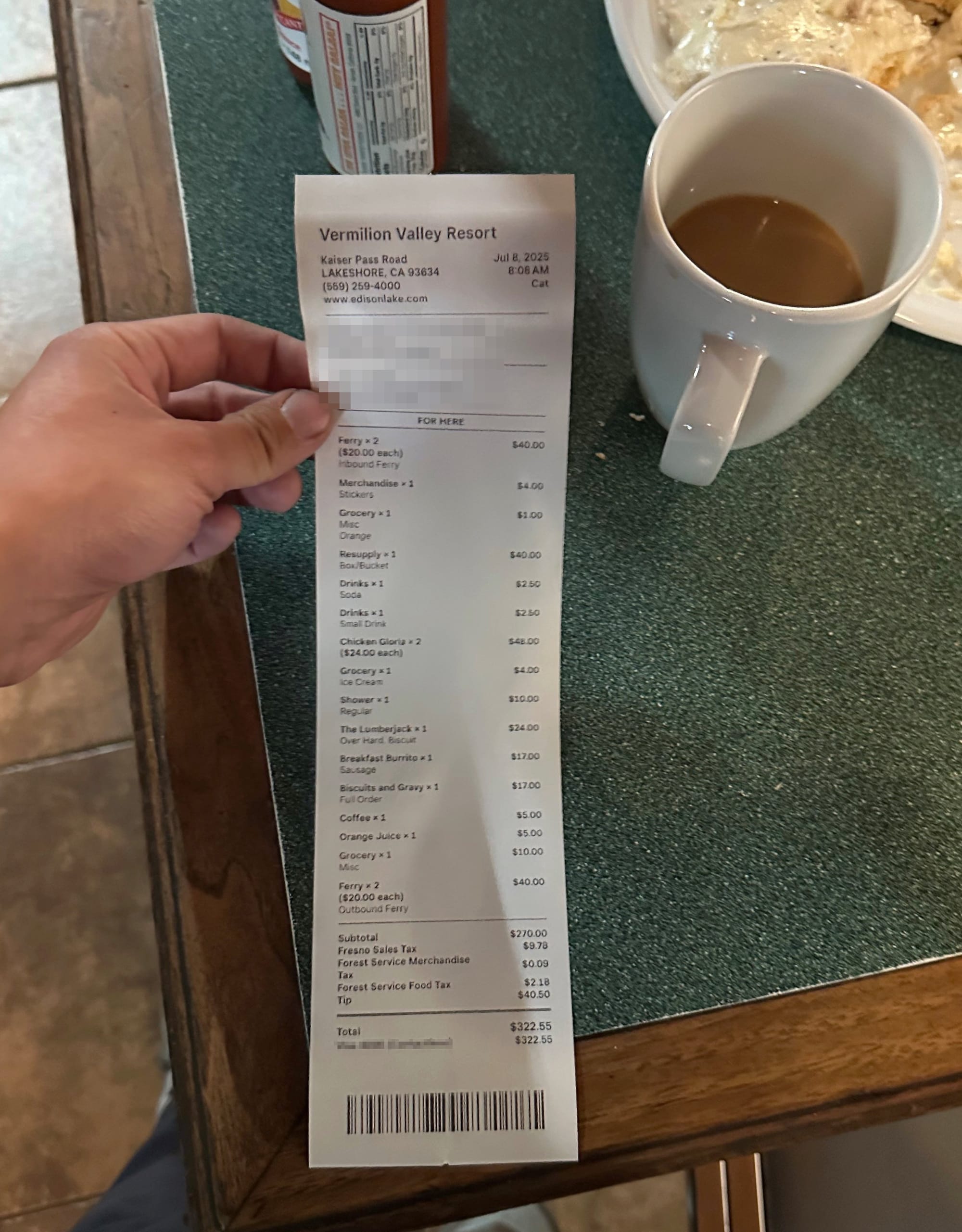 Receipt from Vermillion Valley Resort totaling $322 after gratuity for two people